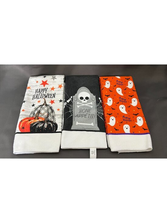 N/A Other - Set Of 3 Halloween-Themed Kitchen Towels - Pumpkins Tombstone Ghosts - Festive D